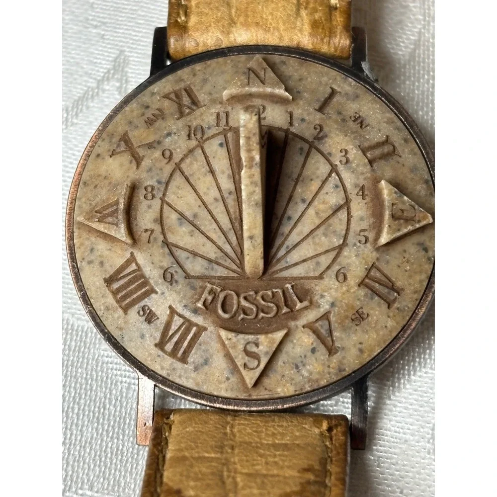 Fossil Sundial Watch Tan Leather Band Stone Face Timepiece SD-7610 Vintage